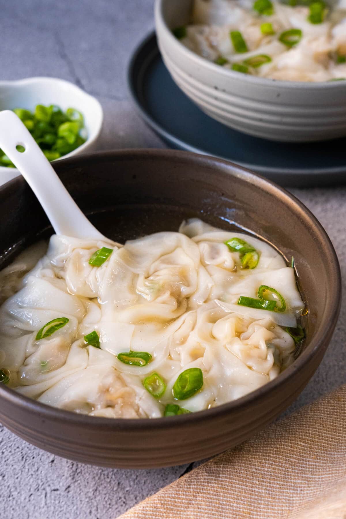A bowl of soup filed with wonton with chicken filling garnished with chopped scallion.