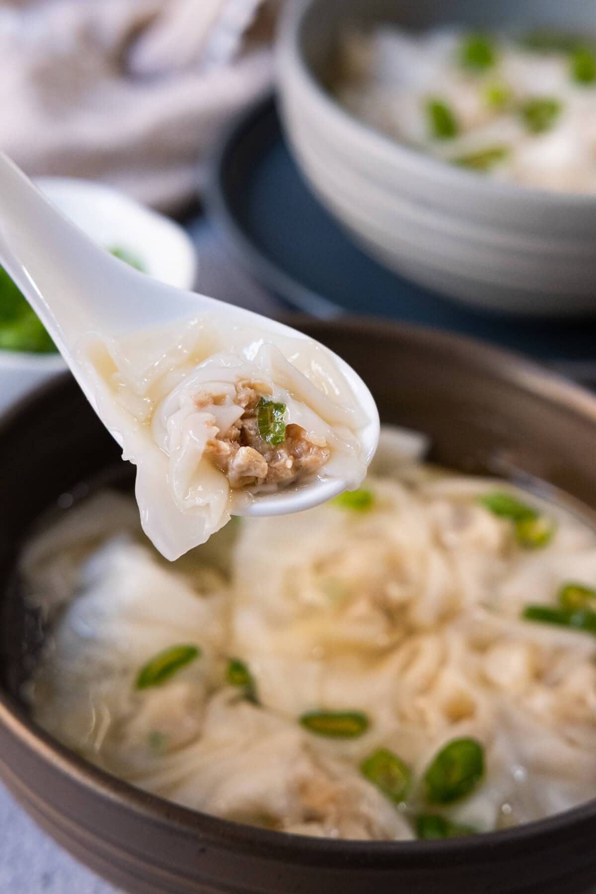 Close up of a chicken wonton with ground chicken filling in a spoon. 