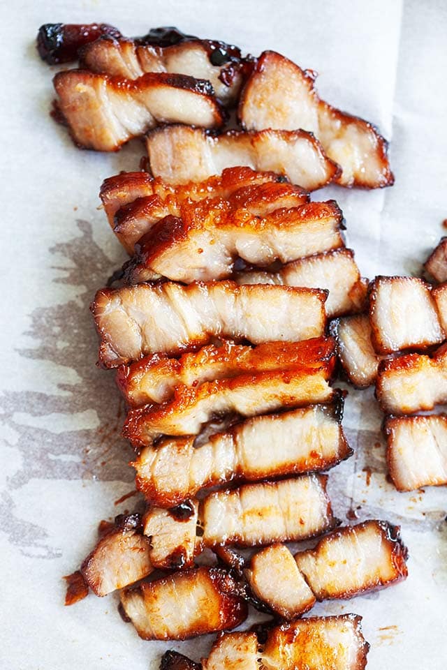 Chinese bbq pork on a cutting board.