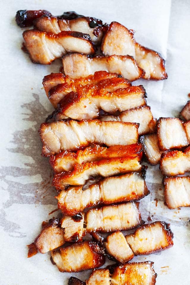 Chinese barbecued pork cut into pieces.