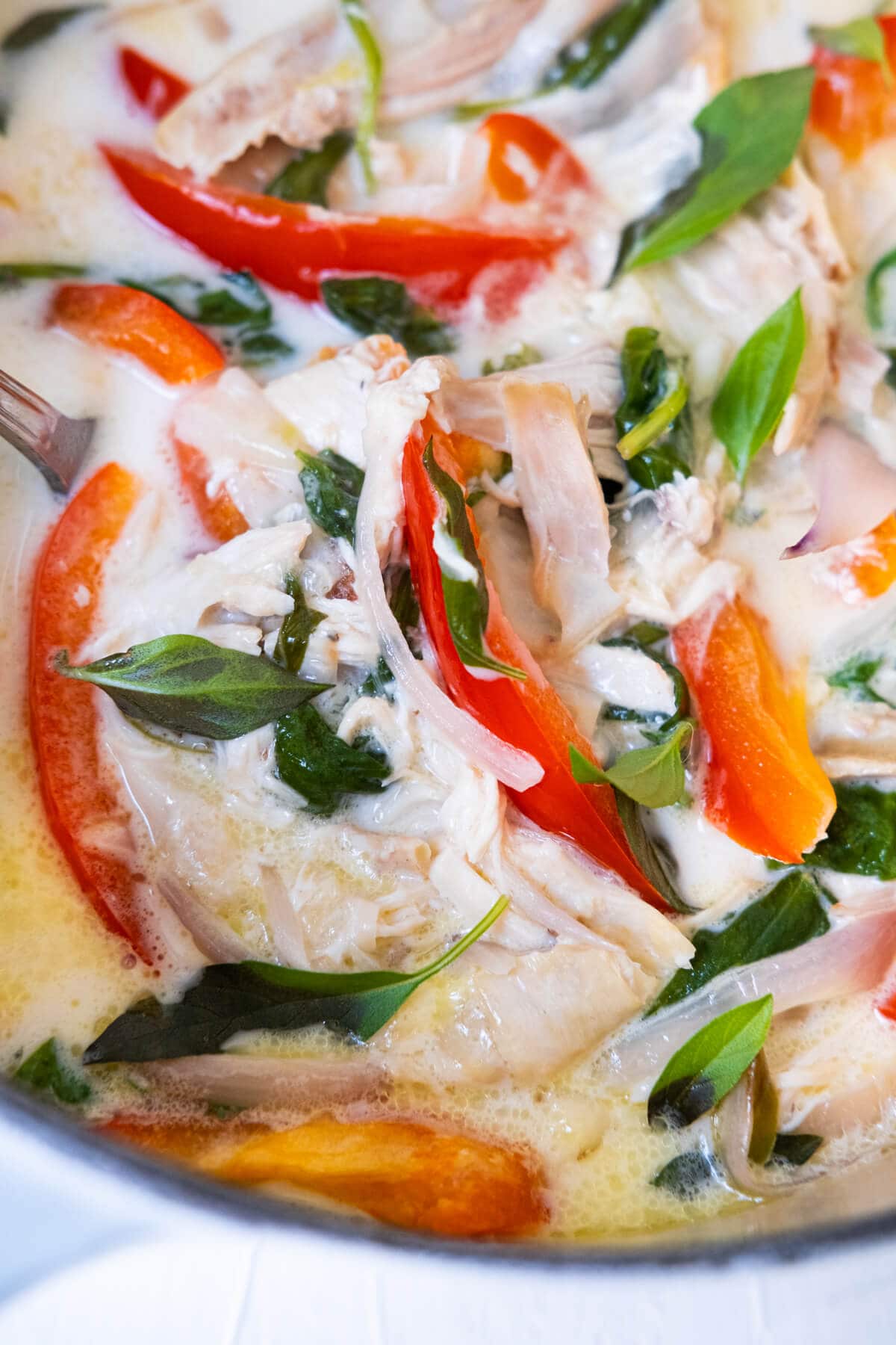 Shredded chicken, red bell pepper, and fresh basil leaves in rich spicy coconut chicken stew. 
