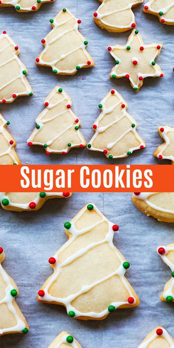 Sugar Cookies - easy and the best sugar cookie recipe. These homemade Christmas sugar cookies are cut out in festive shapes and decorated with icing.